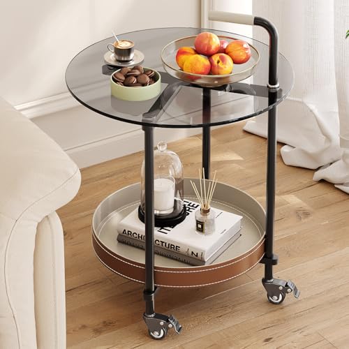 Guyii 2-Tier Sofa End Table with Storage Modern Sofa Side Table with Wheels Round Temper Glassed Coffee Table 360 Rotation Rolling Cart for Living Room Bedroom Office - color: Black