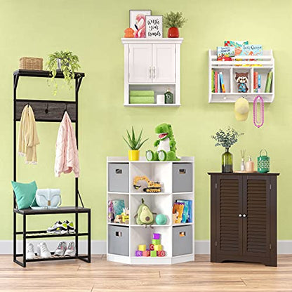RiverRidge Afton Hall Tree, Black Metal Frame and Weathered Woodgrain | Entryway Organizer with Shoe Rack, Bench Seat, Coat Hooks, Top Display Storage Shelf