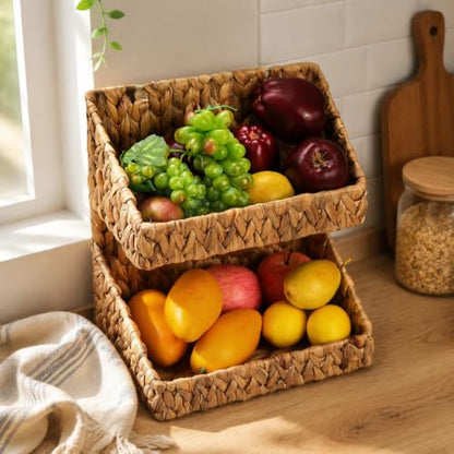 Pumtus 2-tier Handwoven Storage Basket, Water Hyacinth Standing Rack, Kitchen Countertop Organizer, Hanging Bathroom Basket, Fruit Vegetable Holder, Storage Shelf for Home Organization