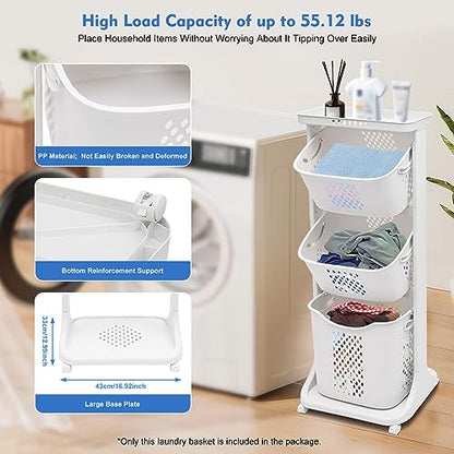 3 Tier Laundry Hamper Basket Sorter, Clothes Storage with Wheels Removable Storage Basket, Laundry Sorter Cart with Handle, Freestanding Clothes Hamper Organizer for Bathroom, Bedroom