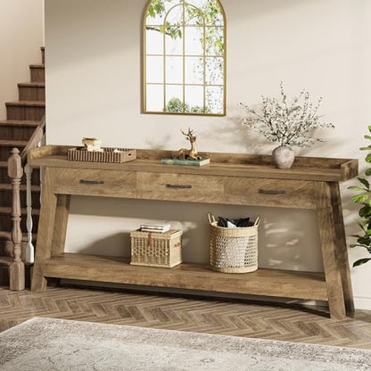 Tribesigns 70.9-Inch Sofa Console Table with 3 Drawers, 2-Tier Extra Long Farmhouse Entryway Table with Raised Baffle and Storage Shelves for Living Room, Couch, Hallway, Foyer, Entrance, Rustic Brown