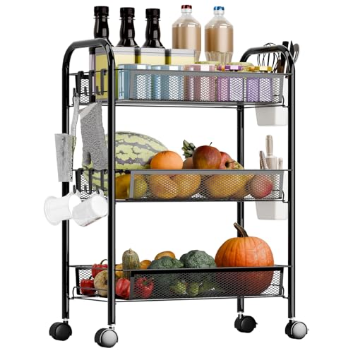 Fruit Vegetable Basket Storage Cart 5 Tier Stackable Metal Mesh Basket with 360 Degree Wheels 41 Inch High Kitchen Storage Snack Cart Pantry Bathroom Cart (Black 3-Layers) - color: Black 3-layers