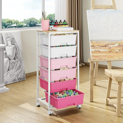 Rolling Storage Cart with 6 Drawers and Wooden Tabletop, Lockable Wheels Utility Cart for Art Studios, Office Supplies & Craft Room Organization (Pink) - color: Pink
