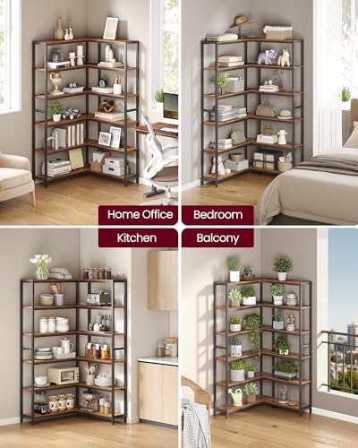 VASAGLE 6 Tier Bookshelf with Metal Frame, Convertible Industrial Corner Shelf, 9.4 x 52.8 x 69 Inches, for Living Room, Bedroom, Home Office, Rustic Brown and Ink Black ULLS806K01 - size: 6 Tiers (52.8"W)