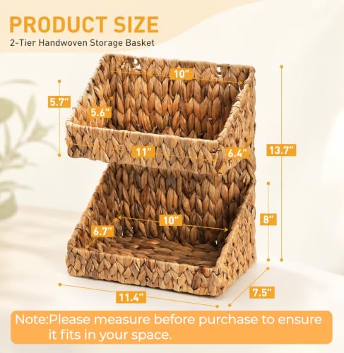 Pumtus 2-tier Handwoven Storage Basket, Water Hyacinth Standing Rack, Kitchen Countertop Organizer, Hanging Bathroom Basket, Fruit Vegetable Holder, Storage Shelf for Home Organization