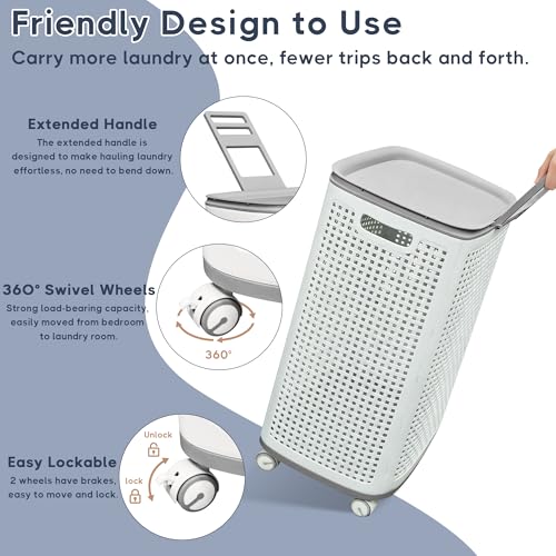 Sufdari 90L Laundry Basket with Wheels, Rolling Laundry Hamper with Lid and Handles, Plastic Rattan Clothes Organizer, Dirty Clothes Basket for Laundry Room, Bedroom, Dormitory Storage
