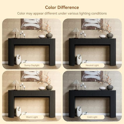 55" Fluted Console Table with 2 Drawers & LED Lights,Entryway Tables with Charging Station,Narrow Sofa Table Behind Couch,Mid-Century Modern Foyer Table for Entryway, Hallway, Living Room(Black) - color: Black