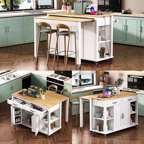 47 Extendable Countertop Coffee Station, Kitchen Storage Cabinets with Power Outlet, Kitchen Island Table with Rubber Wood Veneer for Kitchen use, White - color: White