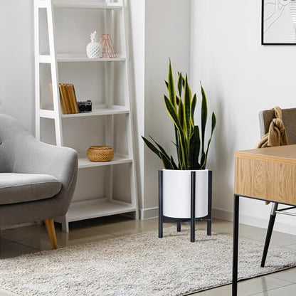 D'vine Dev Plastic Pot with Ebony Wood Stand, White, 12 in, 55-C-Q-1 | Mid-Century Inspired Design, Elevated Plant Display, Clean Lines, Sturdy Support, Modern Space-Saving Style - color: Matte White Pot + Ebony Stand, size: 12 Inch