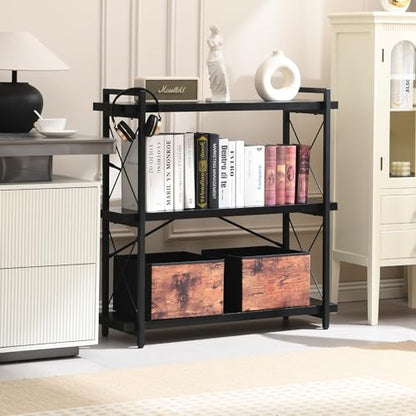 HCHQHS Bookshelf, 3-Tier Industrial Bookcase, Black Open Book Shelf, Freestanding Horizontal Bookshelves with Metal Frame - color: Ebony Black, size: 3-Tier (35.8"W x 35.8"H)