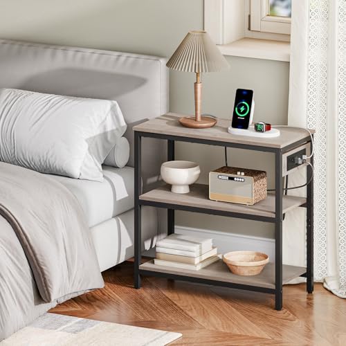HOOBRO End Table with Charging Station, Side Table with 3 Tier Storage Shelf, Narrow Nightstand for Small Spaces, for Living Room, Bedroom, Easy Assembly, Greige and Black BG149UBZ01 - color: Greige + Black