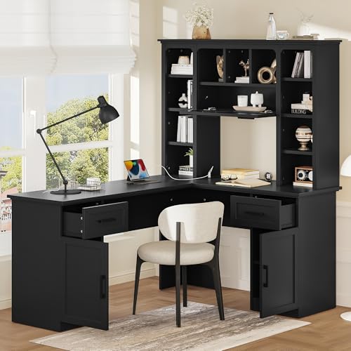 Bellemave L-Shaped Computer Desk with Drawers, Hutch and Bookshelf, Home Office Desk, Corner Gaming Computer Desk with Power Outlet, Study Table Writing Desk, Black - color: Black