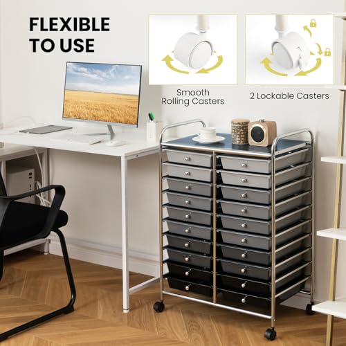 DREAMADE Rolling Cart with Storage Drawers, Utility Cart with Removable Plastic Drawers, Lockable Wheels, Art Cart for Classroom Organization Art Supplies Office Scrapbook (20 Drawers, Mixed-black) - color: Mixed-black, style: 20 Drawers