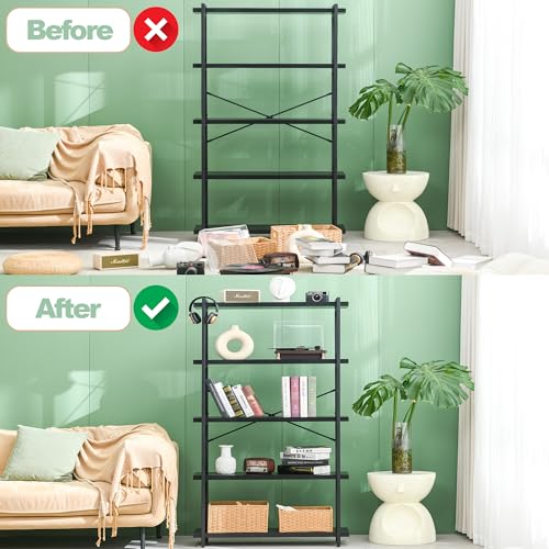 HCHQHS Bookshelf, 5-Tier Industrial Bookcase, Black Open Book Shelf, Freestanding Tall Bookshelves with Metal Frame - color: Ebony Black, size: 5-Tier (35.8"W x 65.7"H)