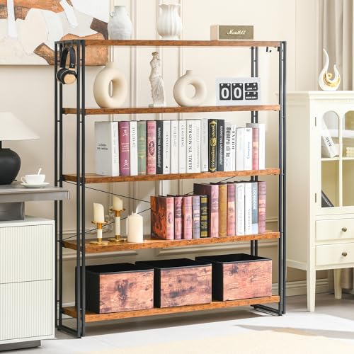 HCHQHS Bookshelf, 5-Tier Industrial Bookcase, Rustic Open Book Shelf, Freestanding Tall Bookshelves with Metal Frame - color: Rustic Brown, size: 5-Tier (47"W x 55.5"H)