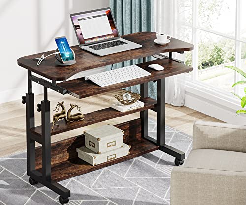 Tribesigns Portable Desk with Power Outlets, Height Adjustable Side Table Sofa Couch Bedside Laptop Computer Cart with USB Charging Ports, Mobile Small Standing Desk with Keyboard Tray - color: Brown