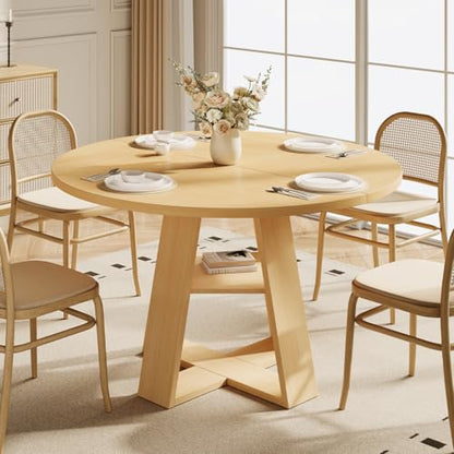 47.2" Round Dining Table for 4-6, Circle Kitchen Table with Open Storage Shelf, Farmhouse Dinner Table with Cross Pedestal Base for Dining Room, Kitchen, Living Room, Burlywood - color: Burlywood