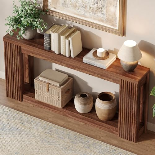 Maupvit Fluted Wooden Console Table with 2 Storage, 71 Inches Rectangular Entryway Table Behind The Couch, Farmhouse Boho Sofa Table for Entrance, Hallway, Living Room (Walnut) - color: Walnut