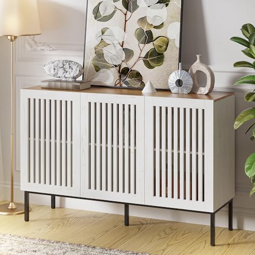 BVIUNTWO 47" Farmhouse Buffet Cabinet with Metal Base, Adjustable Shelves & 3 Doors, Antique White Storage Sideboard for Kitchen, Dining & Living Room - color: White, size: 47 Inch