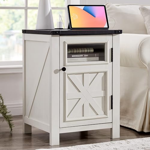 JXQTLINGMU Farmhouse End Table with Charging Station, 18'' Rustic Nightstand with Barn Door & Adjustable Shelf, Wooden Sofa Side Table with 3-Tier Storage for Living Room, Bedroom, White - color: White