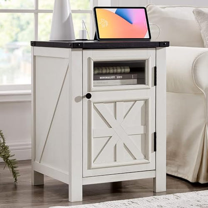 JXQTLINGMU Farmhouse End Table with Charging Station, 18'' Rustic Nightstand with Barn Door & Adjustable Shelf, Wooden Sofa Side Table with 3-Tier Storage for Living Room, Bedroom, White - color: White