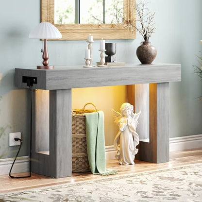 Unikito 47" Entryway Table with Socket and Sensor Light, Narrow Console Table with Storage Behind Couch, Farmhouse Entry Way Tables with Open Storage for Entrance/Hallway/Living Room, White Oak | Narrow Console Table with Storage Behind Couch, Farmhouse F