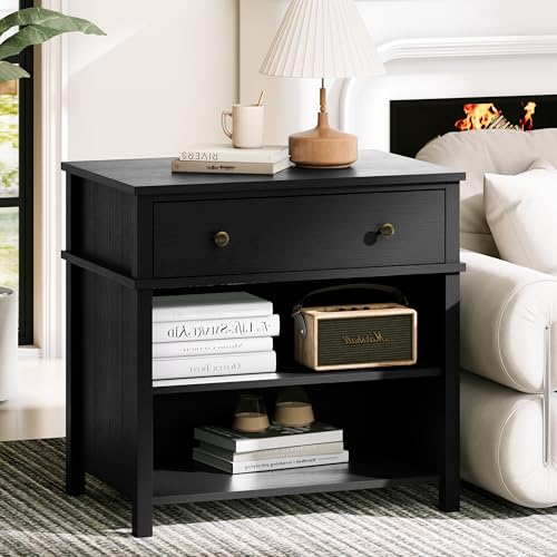 End Table with Drawer and 2 Tier Shelves, Wood Sofa Side Table for Living Room, Modern Nightstand Bedside Table for Bedroom, Small Console Table for Entryway, Hallway, Black - color: Black