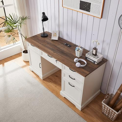60" Farmhouse Executive Desk with Lock,Home Office Desk with Charging Station,Executive Desk with 4 Drawers & 1 Cabinet&1 File Cabinet for Office and Home - color: White