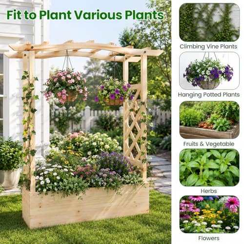 Giantex Raised Garden Bed with Trellis & Hanging Roof, Wooden Elevated Planter Box with Drainage Hole, Freestanding Gardening Planter Raised Bed for Flowers Herbs Climbing Plants Vines, 44”x14”x45” - color: Natural, size: 44”x14”x45”