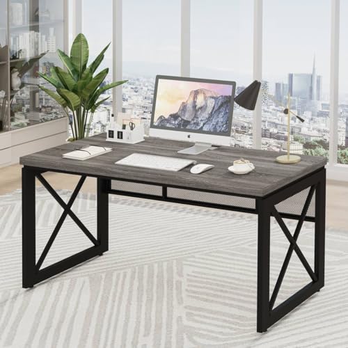 BON AUGURE Industrial Computer Desk, Rustic Wood Desks for Home Office, Sturdy Metal Writing Work Table (60 Inch, Dark Grey Oak) - color: Grey Oak, size: 60"W