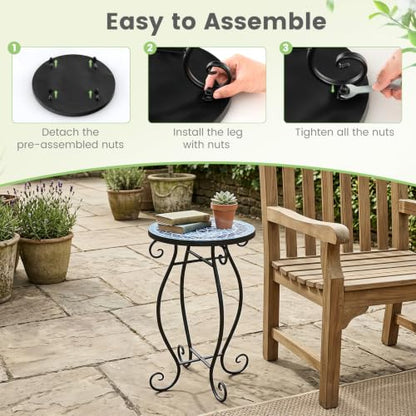 Giantex Outdoor Side Table, Mosaic Patio Table, 12inch Accent Table Plant Stand Indoor, Mosaic Ceramic Tile Top Metal Frame, Small End Table Porch Beach Patio Garden Balcony Poolside - style: Ocean