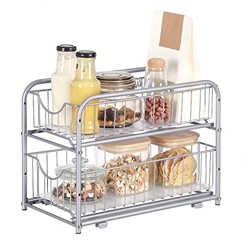 SONGMICS 2-Tier Pull Out Cabinet Organizers, Under Sink Organizer, Bathroom Organizer and Storage, Sliding Basket Drawers, Stackable for Kitchen, Bathroom, Metallic Silver UKCS017E01 - color: Metallic Silver