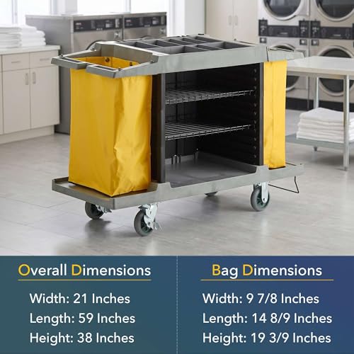 59” x 21” x 38” 3-Shelf Multifunctional Housekeeping Cart - Commercial Hotel Cart with 2 Vinyl Bags, 8 Top Compartments, Vacuum Bracket, Locking Casters for Janitorial and Room Service Use - 132 lb - size: Medium (3 Shelf)