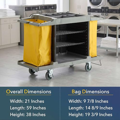 59” x 21” x 38” 3-Shelf Multifunctional Housekeeping Cart - Commercial Hotel Cart with 2 Vinyl Bags, 8 Top Compartments, Vacuum Bracket, Locking Casters for Janitorial and Room Service Use - 132 lb - size: Medium (3 Shelf)