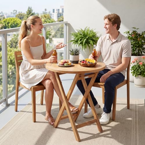 Tangkula 24-Inch Teak Wood Folding Outdoor Table, Round Patio Table with Sturdy X-Frame, Space Saving Outside Bistro Table for Deck, Porch, Poolside, Balcony & Garden - size: 24"