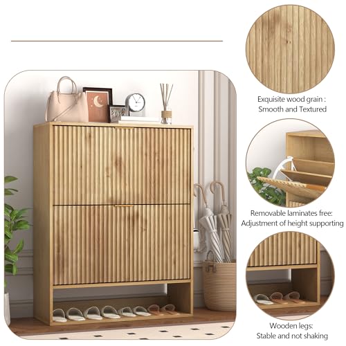 GarveeHome Fluted Shoe Storage for Entryway, Slim Narrow Shoe Cabinet with 2 Flip Drawers, Open Bottom Shelf & Side Hooks, Freestanding Shoe Organizer for Hallway Foyer