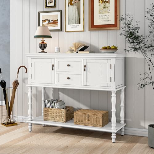 ARTPOWER Console Table with 2 Drawers, Retro Entryway Table with 2 Door | Solid Wood Veneer Entry Table, Behind Couch Sofa Table with Open Storage Shelf for Living Room, Foyer, Hallway - color: White