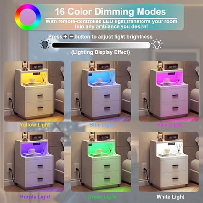 Yusong LED Nightstand Bedside Table with Charging Station 2 Drawers, Modern Sofa Couch End Side Table with LED Lights and Pull-Out Shelf for Bedroom, White - color: White 003
