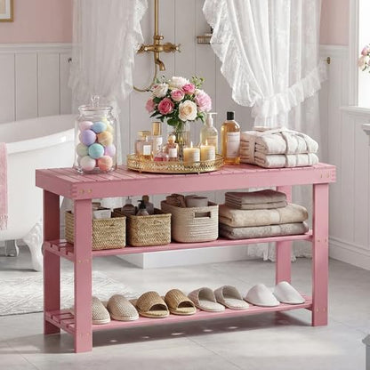 SMIBUY Bamboo Shoe Rack Bench, 3-Tier Shoe Organizer Storage Shelf for Entryway Hallway Bathroom Living Room (Pink) - color: Pink