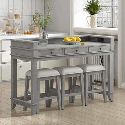 4-piece Dining Bar Table Set with 3 Upholstered Stools, Rubber Wood Counter Height Multifunctional Dining Table with 3 Drawers and USB Port, Side Table with Footrest Pub Kitchen Set (Grey-N2) - color: Grey-n2