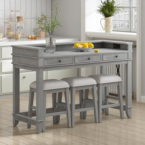 4-piece Dining Bar Table Set with 3 Upholstered Stools, Rubber Wood Counter Height Multifunctional Dining Table with 3 Drawers and USB Port, Side Table with Footrest Pub Kitchen Set (Grey-N2) - color: Grey-n2