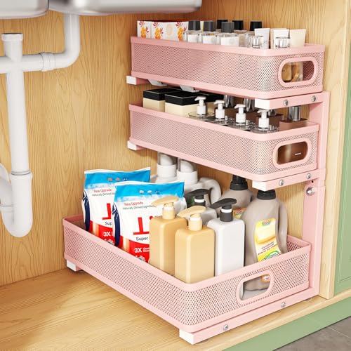 Kitstorack Under Sink Organizer, 1-Pack 3-Tier Height Adjustable Thickened Metal Pull out Cabinet Organizer Shelf, Slide out Storage Drawer Rack for Bathroom Kitchen Pantry Home Organization, Pink - color: Pink, size: 1 Pack