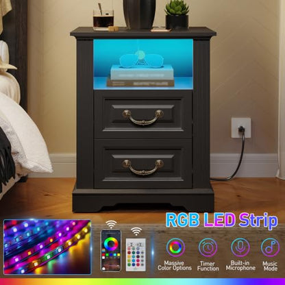 RALGEND Farmhouse Nightstand with Charging Station, Night Stand with 2 Drawers, End Tables Living Room, LED Bed Side Table with Open Shelf, End Table for Bedroom, Living Room, Black - color: Black