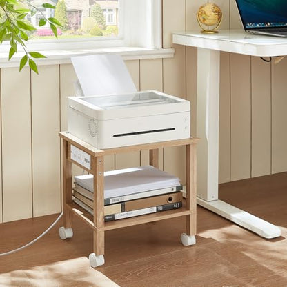YUFAM 2 Tier Under Desk Printer Stand with Charging Station, Natural | Wooden Small Printer Table for Home Office, Rolling Printer Cart Shelf with Lockable Wheels - color: Wood, size: 11.8"D×15.7"W×15.3"H(With USB)