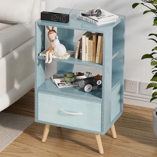 Aenuert Night Stand, Blue Nightstand with Drawer, Side Table with Open Storage, 3-Tier Modern End Table, Bedside Table for Small Space, Living Room, Bedroom - color: Blue, size: 3-Tier
