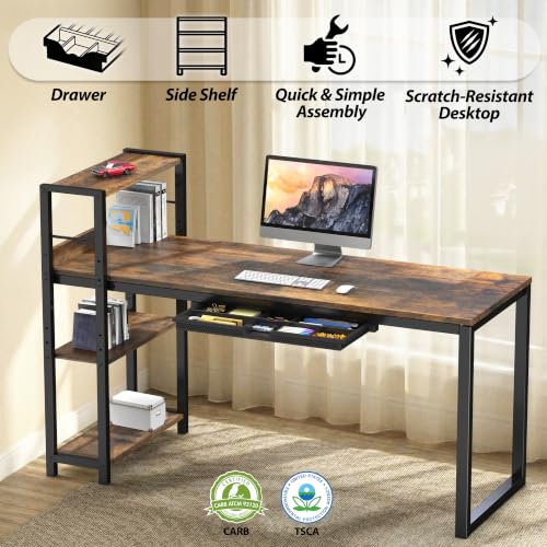 SHW 46-Inch Home Office Computer Desk w/Side Shelf & Drawer, Rustic Brown | w/ Reversible Adjustable Shelf | Drawer with adjustable compartments - color: Rustic Brown