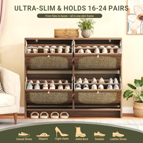 Freestanding Ultra Slim Arched Accent Entryway Shoe Storage - 4 Flip Drawers & 3-Tier Adjustable Shelves, Modern Slim Shoe Cabinet for Hallway, Foyer (flip Down Shoe Cabinet | Amber Oak) - color: Brown
