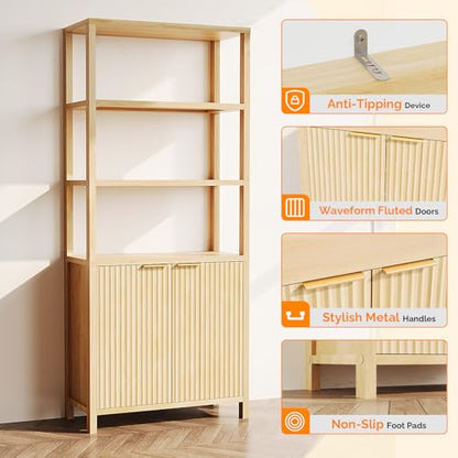 VINGLI Bookcase with Fluted Doors, 71" Wood Storage Cabinet with Adjustable Shelves, 6-Tier Display Cabinet Bookshelf for Study, Living Room, Home Office, Kitchen Pantry, Oak - color: Nature Oak