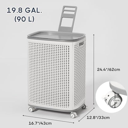 Sufdari 90L Laundry Basket with Wheels, Rolling Laundry Hamper with Lid and Handles, Plastic Rattan Clothes Organizer, Dirty Clothes Basket for Laundry Room, Bedroom, Dormitory Storage