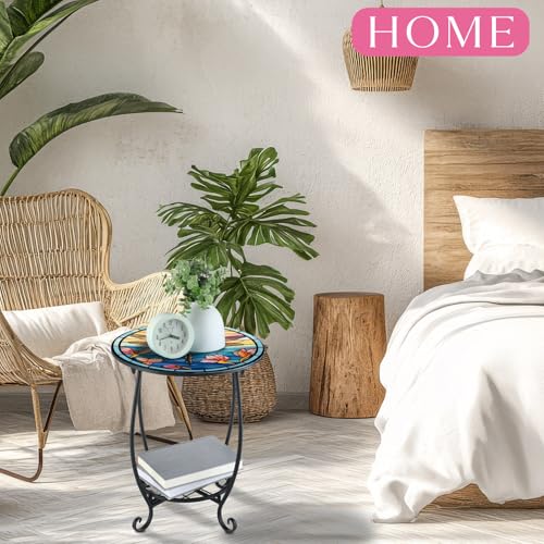 Cinnvoice Outdoor Side Table Round Small Mosaic Patio Accent Indoor End Plant Coffee Tea Table for Yard Patio Porch Garden Living Room, Bedroom(Dragonfly Style,14 Inch) - size: 14 Inch, style: Dragonfly Style